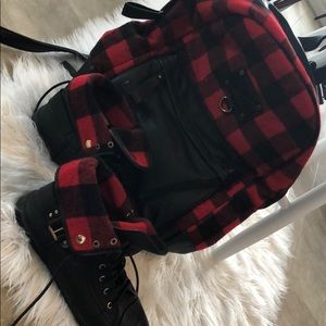 Red and black sneakers with matching backpack